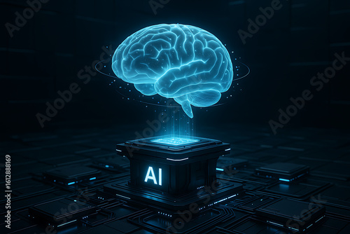 3D rendering of artificial intelligence digital brain and neural network chip on futuristic circuit board, representing deep learning, big data analysis, and advanced AI processing
