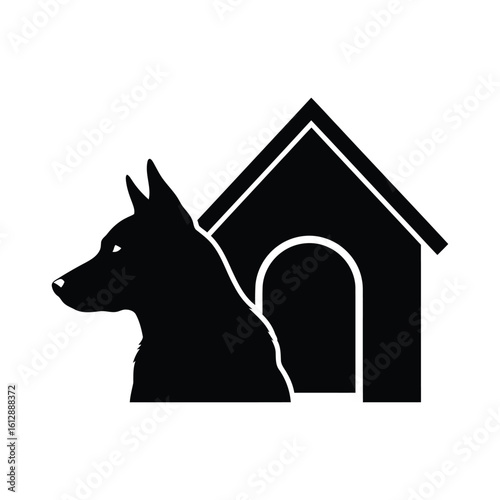 Silhouette of a dog standing next to a dog house