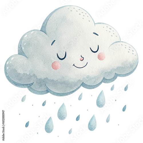 Cute smiling cartoon cloud with raindrops and a cheerful face designed for children's illustration or weather themed content