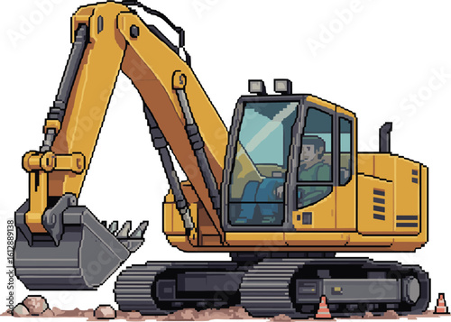 Pixel art of yellow excavator with operator, construction vehicle at work, detailed heavy equipment illustration for industry, games, design, tools