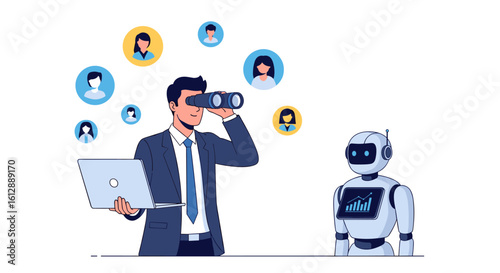 A businessman uses binoculars to scout for talent, assisted by a modern robot with a screen showing data, illustrating the future of recruitment and AI.