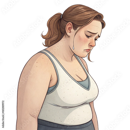 Overweight woman in tank top looking down, showing body insecurity