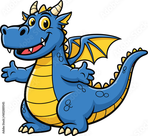 Smiling blue cartoon dragon with yellow wings, friendly pose, playful character for children's fantasy illustration, vector art, game, education, design