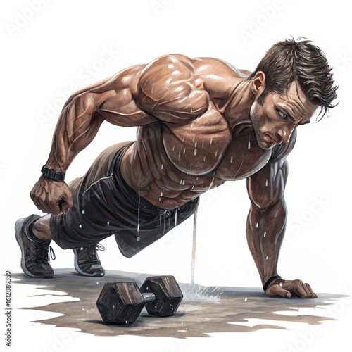 Muscular man doing one arm push up in high definition illustration