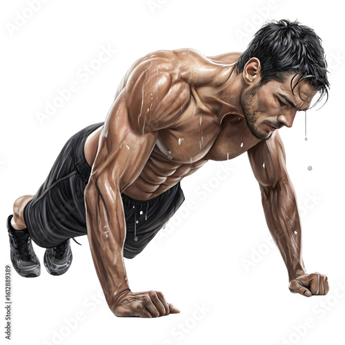 Bodybuilder performing low push up with intense focus