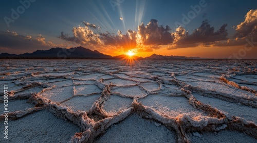 Sunset over cracked salt flat dramatic sky mountain range
