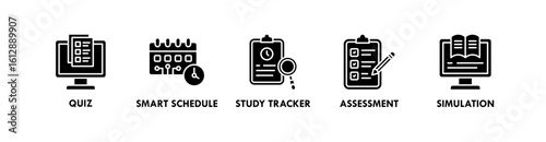 AI in Education banner web icon illustration concept with icon of quiz, smart schedule, study tracker, assessment, and simulation