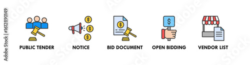 Public Procurement banner web icon illustration concept with icon of public tender, notice, bid document, open bidding, and vendor list