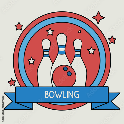 Red bowling ball and pins are shown in a patrioticcolored vintage emblem
