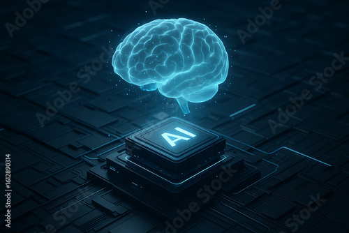 3D rendering of artificial intelligence digital brain and neural network chip on futuristic circuit board, representing deep learning, big data analysis, and advanced AI processing

