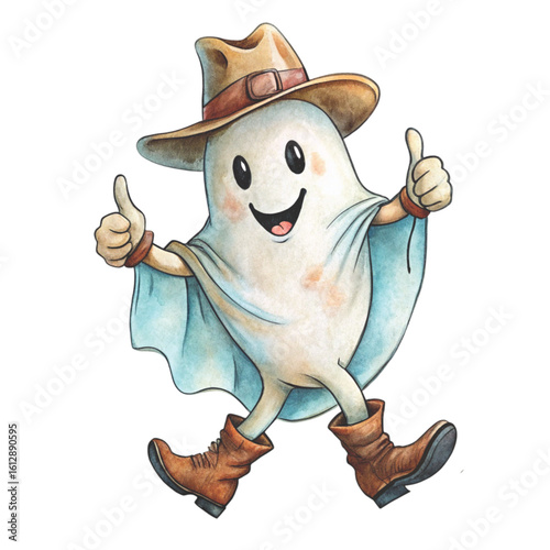 spooky ghost wearing a cowboy hat clipart watercolor 