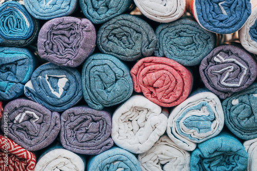 Fototapeta Naklejka Na Ścianę i Meble -  Wrapped tablecloth linen on street market