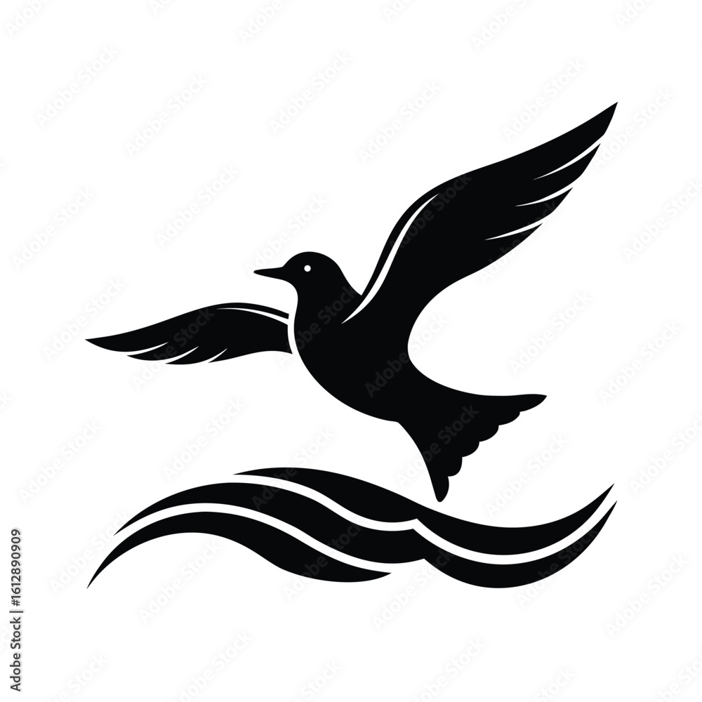 Obraz premium Elegant silhouette of a seagull soaring gracefully above dynamic ocean waves at sunset