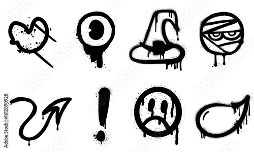 Graffiti Spray Paint Icons Set – Dripping Street Art Symbols in Black on White