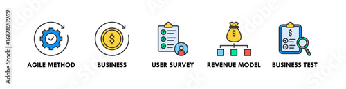 Lean Startup banner web icon illustration concept with icon of agile method, business, user survey, revenue model, and business test