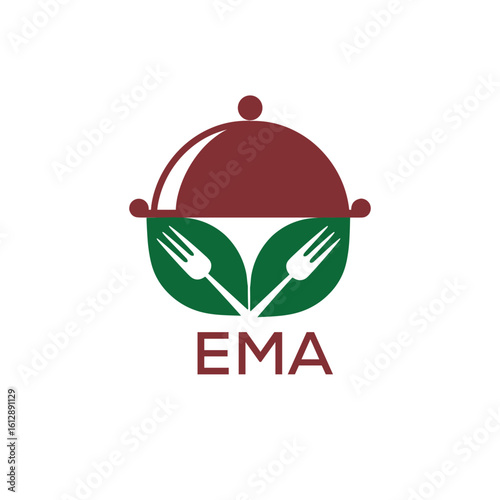 Healthy Organic Restaurant Logo with EMA Text – Eco-Friendly Food Service Symbol. EMA Letter Logo.
