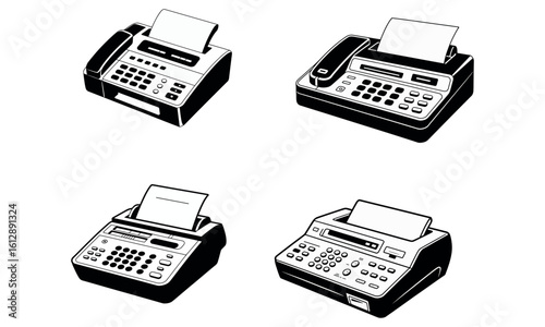 Old fax machine icons with inserted paper in retro communication design
