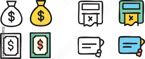 Collection of handdrawn financial icons in a cute doodle style.