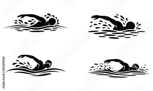 Swimmer performing freestyle stroke with water splash silhouettes
