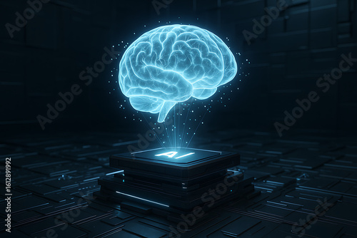 3D rendering of artificial intelligence digital brain and neural network chip on futuristic circuit board, representing deep learning, big data analysis, and advanced AI processing
