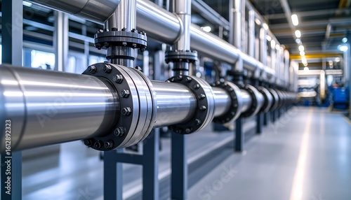 Industrial Pipe System in Factory  Seamless Steel Pipes with Flanges.