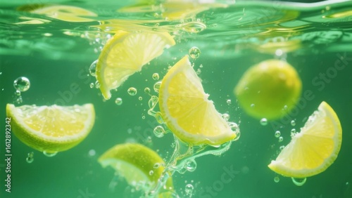 Sliced lemons floating in clear water with bubbles, vibrant green background