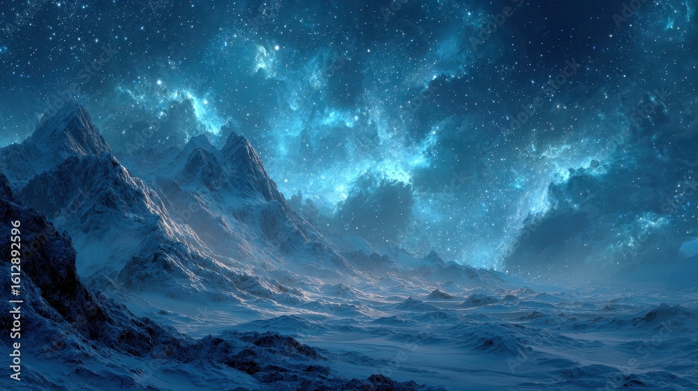 Fototapeta premium Majestic Snowy Mountains under a Starry Sky A Breathtaking Celestial Landscape,