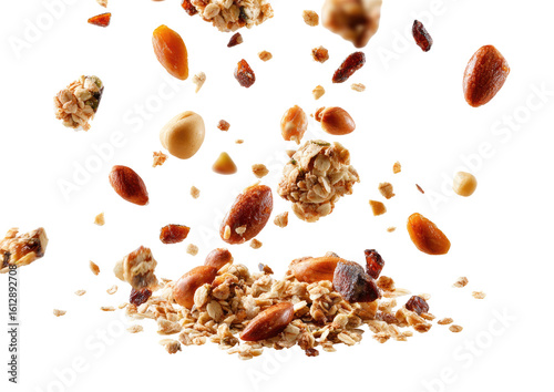 Mixed granola pieces and nuts in mid-air, falling onto a bed of granola