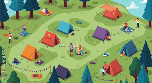 A serene flat design illustration showcasing the vibrant camping area of Festival, complete with colorful tents and stylized trees. 