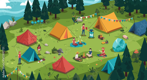 A serene flat design illustration showcasing the vibrant camping area of Festival, complete with colorful tents and stylized trees. 