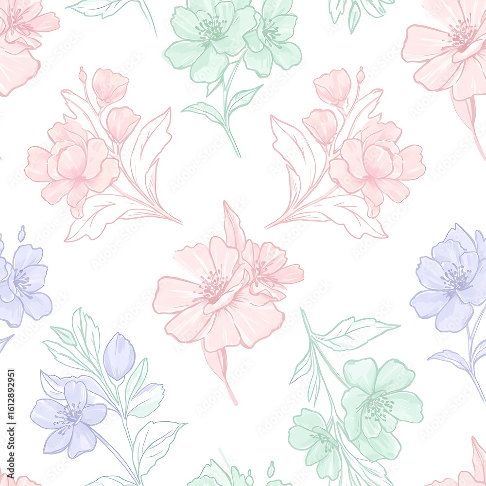 Fototapeta premium Delicate pastel floral pattern featuring sketched flowers and foliage arranged on a white background.