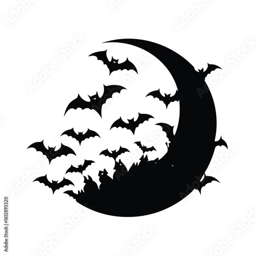 A spooky swarm of bats silhouetted against a bright full moon on a clean white background