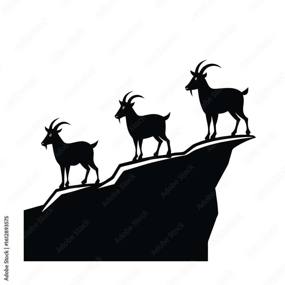 Obraz premium Three goats perched precariously on a steep cliff edge against a white background