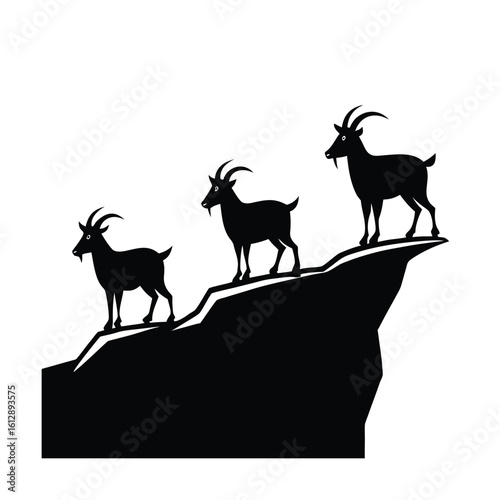 Three goats perched precariously on a steep cliff edge against a white background