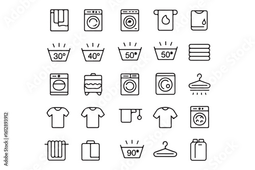 Laundry Symbols and Washing Instructions Icon Set for Garment Care and Fabric Cleaning Simple Line Art Style White Background