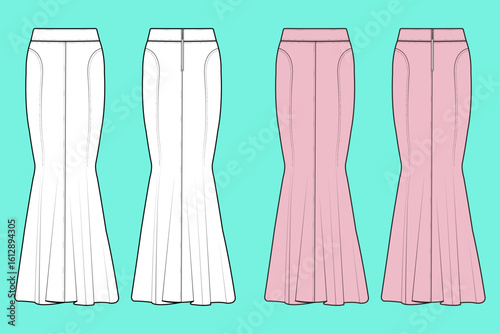 Women's Long Slim Fit Fishtail Pencil Skirt Colorway Set Fashion Flat Sketch CAD Mockup Front and Back Views.