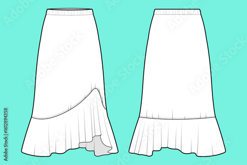 Women's Long Leg Fishtail Pencil Skirt Fashion Flat Sketch.