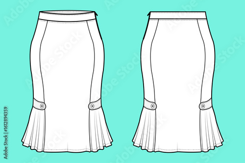 Women's Office Fishtail Pencil Skirt Fashion Flat Sketch CAD Mockup Front and Back Views.