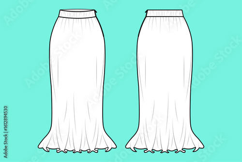 Women's Long Full Length Fishtail Skirt Fashion Flat Sketch.
