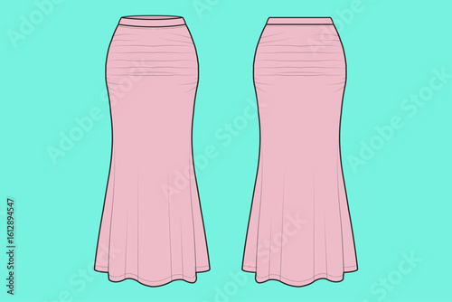 Ladies Long Elegant Fishtail Skirt Fashion Flat Sketch Vector Illustration CAD Mockup.