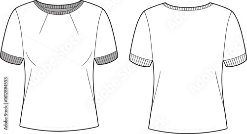 Stylish Women's Short Sleeve Top with Ribbed Cuffs, Pleated Neckline Fashion Flat Sketch, Trendy Apparel Design Template for Production, Modern Casual Wear Illustration.