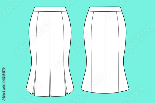 Women's Work Fishtail Skirt Fashion Flat Sketch CAD Mockup.