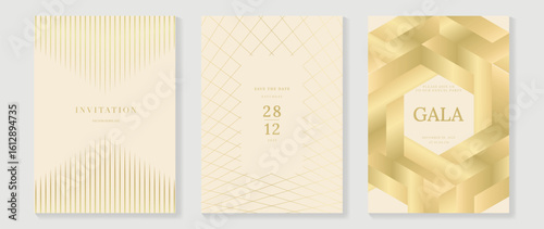 Elegant Cream and Gold Invitation Card Set with Geometric Line Art for Wedding Announcements, Corporate Gala Events, and Luxury Party Invitations.