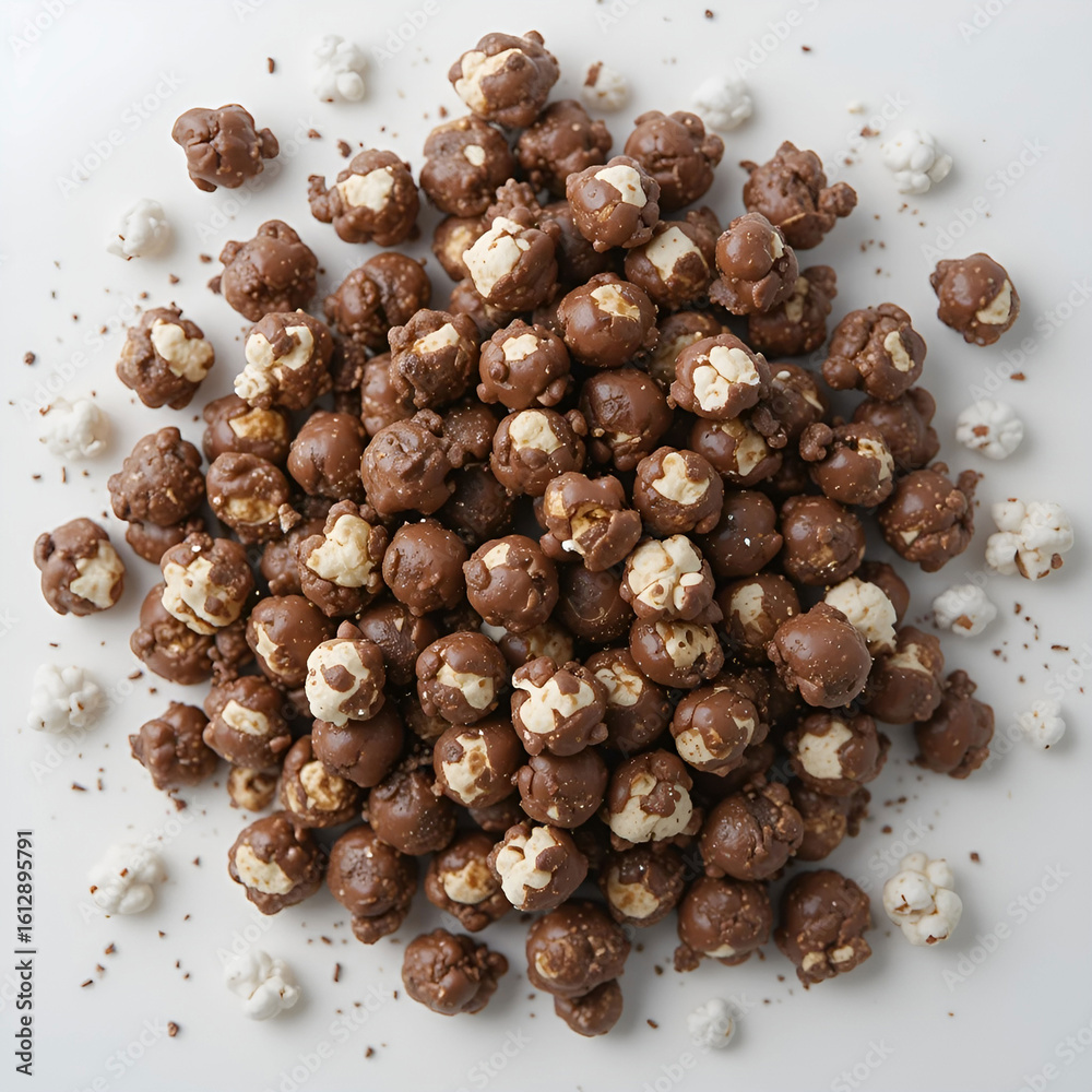 Obraz premium Top view of chocolate-coated popcorn scattered on a white surface, highlighting sweet and crunchy texture.
