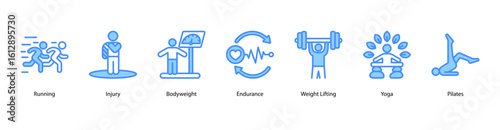 Strength training web banner icon vector illustration with injury risk, bodyweight control, lifting weights, yoga flow, pilates exercise, treadmill run, and repetition cycle.