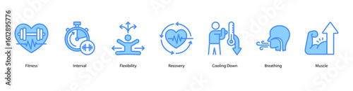 Training recovery web banner icon vector illustration featuring fitness interval, flexibility, post-workout recovery, cooling down, breathing techniques, muscle growth, and deadlift movement.