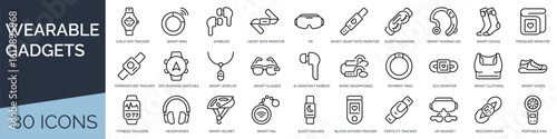 Set of 30 outline icons related to wearable gadgets. Linear icon collection. Editable stroke. Vector illustration