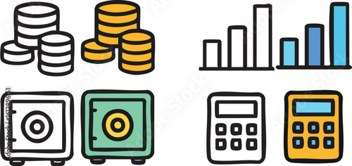 Financial Icons Coins Graphs Safes and Calculators.