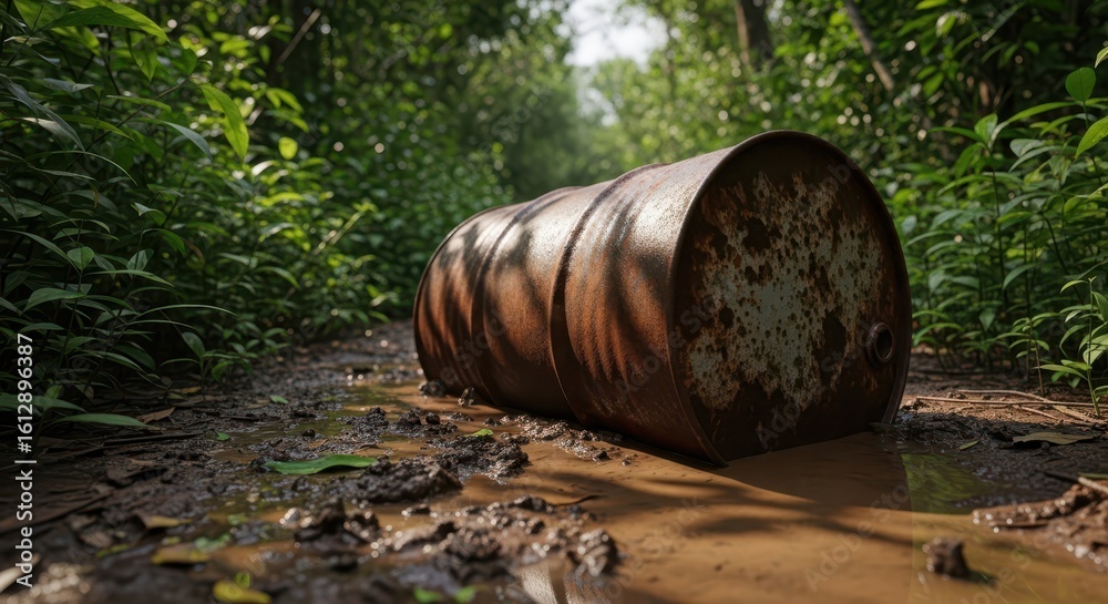 Fototapeta premium Rusty barrel lying on a muddy forest path