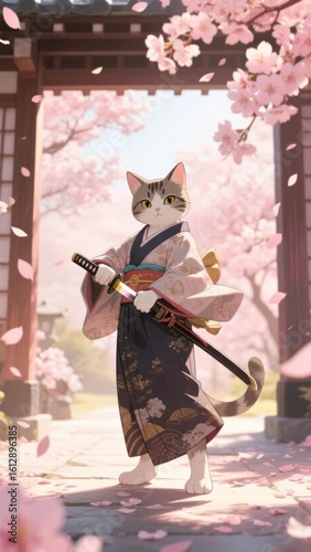 Wallpaper Mural A cat dressed in traditional Japanese attire stands under a cherry blossom archway, holding a katana. Torontodigital.ca